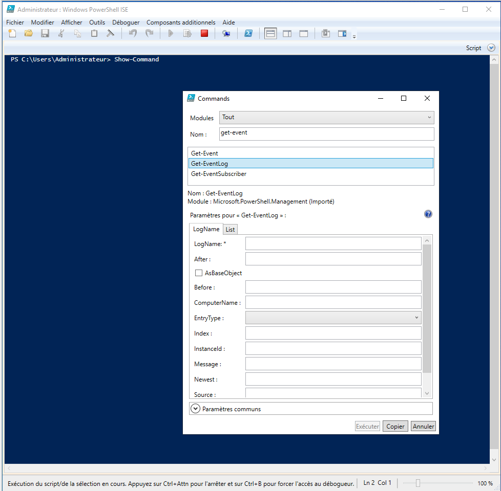 Show-Command: Les paramètres de Get-EventLog